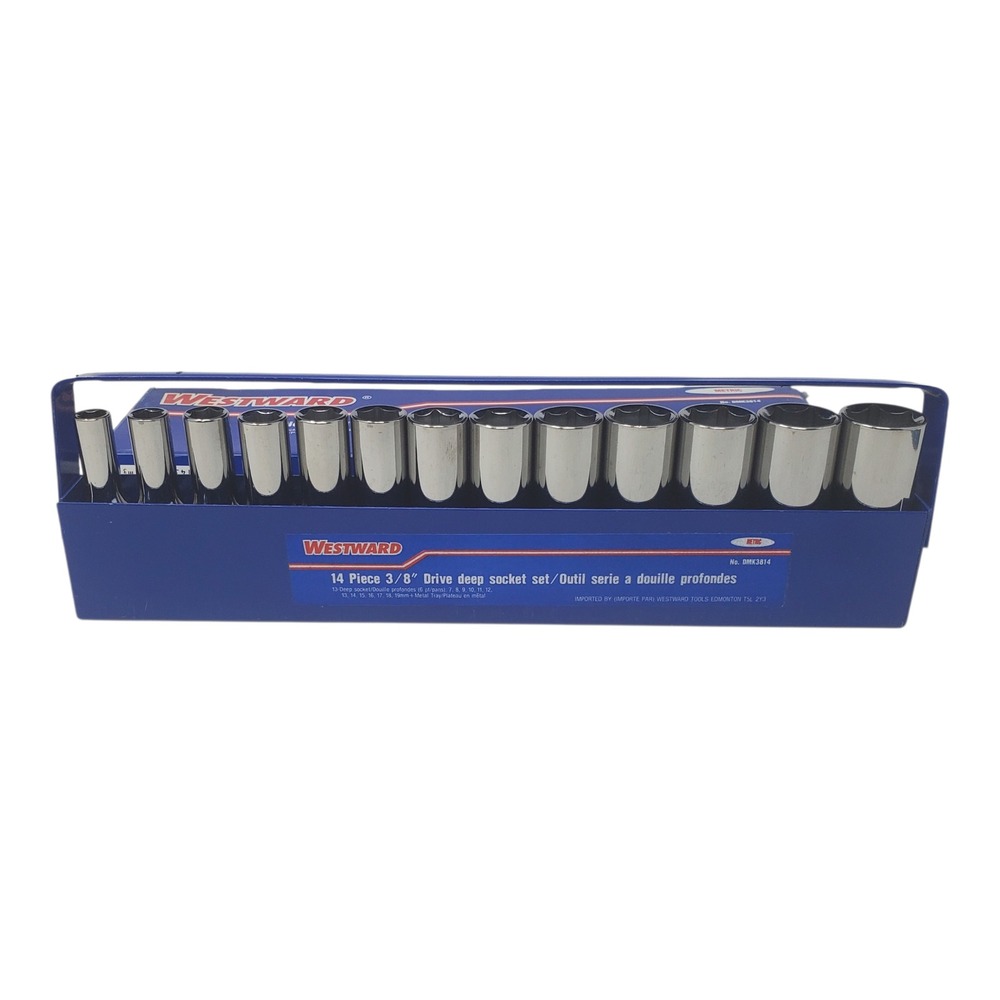 WESTWARD 14 Piece 3/8 Drive Deep Chrome Socket Set Metric Metal Tray DMK3814